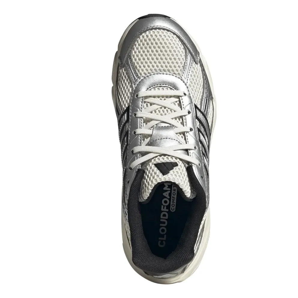 Vista superior do tênis feminino Adidas Technochaos 2000 branco com detalhes prata metálico e preto, mostrando o interior acolchoado.